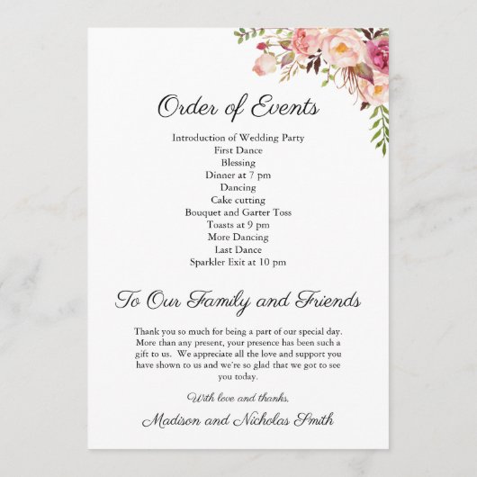 Rustic Pink Floral Wedding Reception Programma's (Achterkant)
