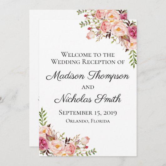 Rustic Pink Floral Wedding Reception Programma's (Voorkant / Achterkant)