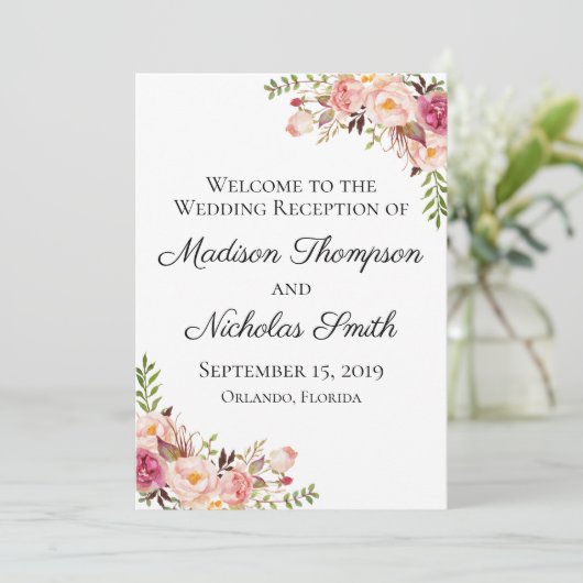 Rustic Pink Floral Wedding Reception Programma's (Staand voorkant)