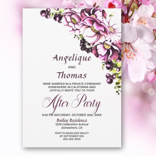 Rustic Pink Floral Wedding Reception Uitnodiging