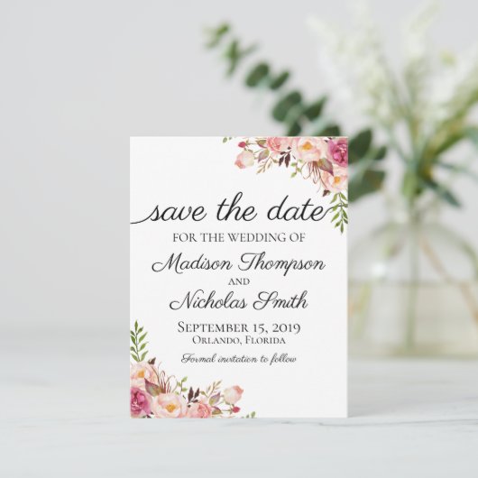 Rustic Pink Floral Wedding Save the Date Card (Staand voorkant)