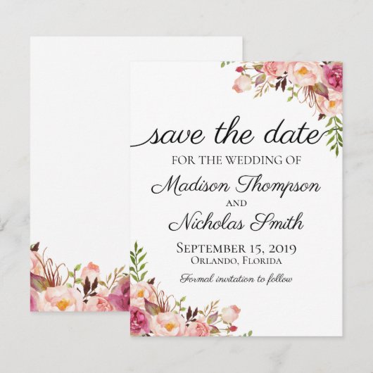 Rustic Pink Floral Wedding Save the Date Card (Voorkant / Achterkant)
