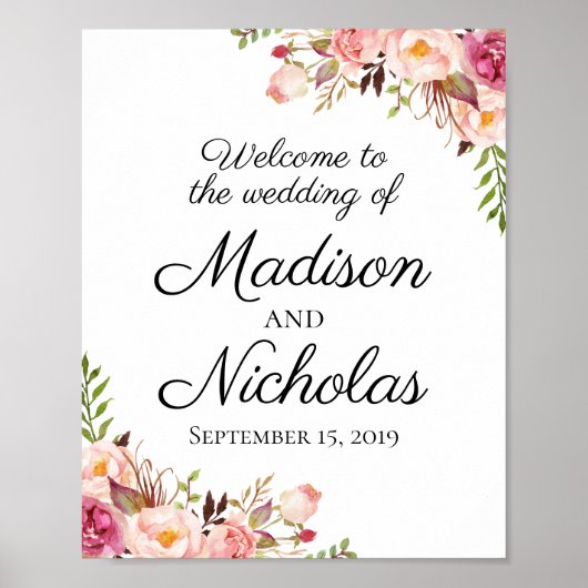 Rustic Pink Floral Wedding Welcome Sign Poster (Voorkant)