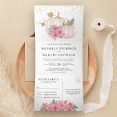 Rustic Pink Floral White Pumpkin Fall Wedding Drieluik Uitnodiging