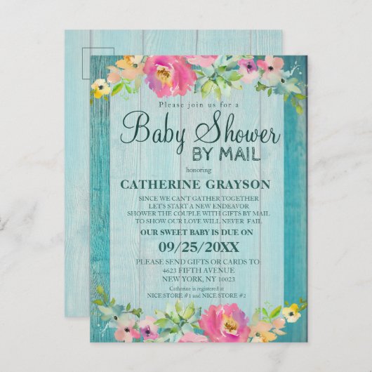 Rustic Pink Floral & Wood Baby shower Uitnodiging (Voorkant / Achterkant)