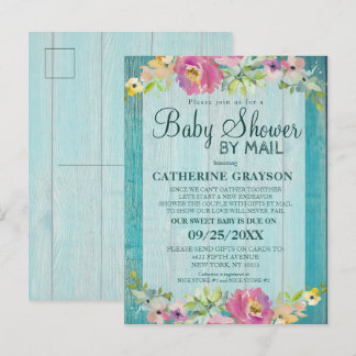 Rustic Pink Floral & Wood Baby shower Uitnodiging Briefkaart