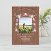 Rustic Pink Floral Wood Wedding Vrijgezellenfeest Kaart (Staand voorkant)