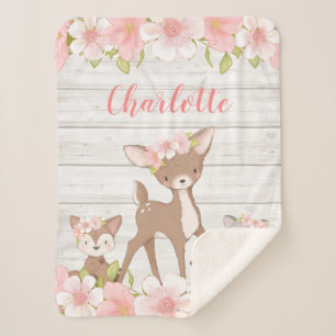 Rustic Pink Floral Woodland Animals Gepersonalisee Sherpa Deken
