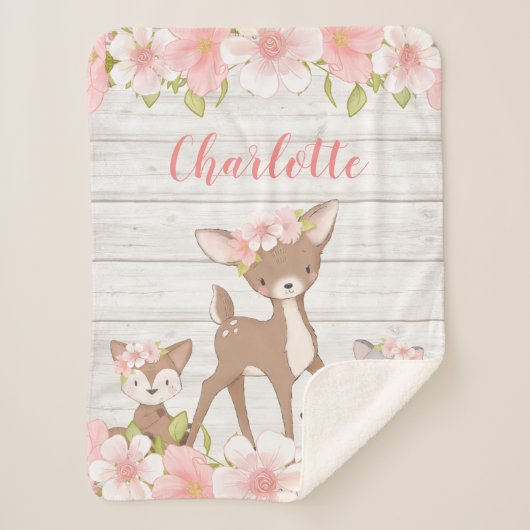 Rustic Pink Floral Woodland Animals Gepersonalisee Sherpa Deken (Voorkant)
