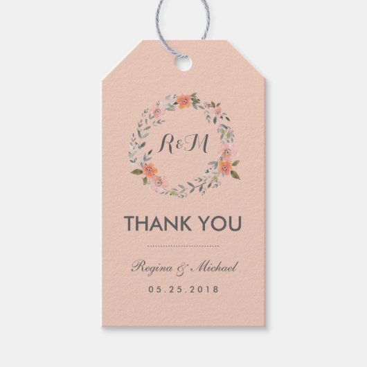 Rustic Pink Floral Wreate Dank je Label Cadeaulabel (Voorkant)
