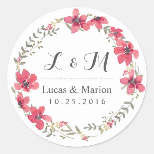 Rustic Pink Floral Wreath Monogram Wedding Sticker