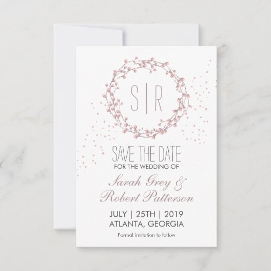 Rustic Pink Floral Wreath Wedding Save the Date (Voorkant)