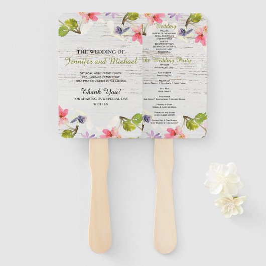 Rustic Pink Florals op White Wood Wedding Programm Handwaaier (Voorkant en achterkant)