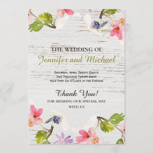 Rustic Pink Florals op White Wood Wedding Programmakaart (Voorkant)