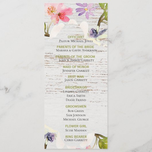 Rustic Pink Florals op White Wood Wedding Programmakaart (Achterkant)