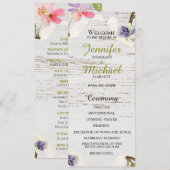 Rustic Pink Florals op White Wood Wedding Programmakaart (Voorkant / Achterkant)