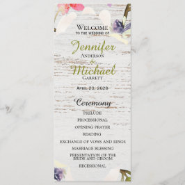 Rustic Pink Florals op White Wood Wedding Programmakaart