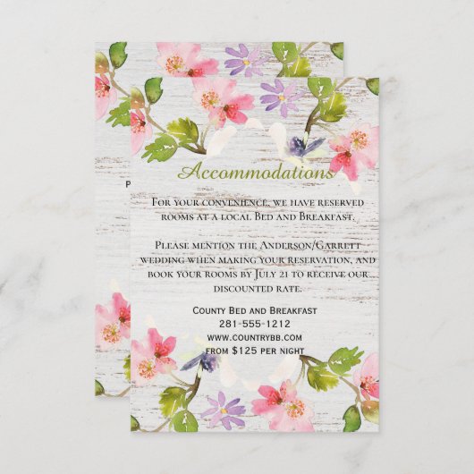 Rustic Pink Florals op witte houtaccommodatie Informatiekaartje (Voorkant / Achterkant)