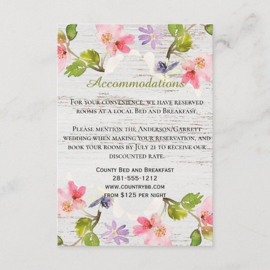 Rustic Pink Florals op witte houtaccommodatie Informatiekaartje (Voorkant)