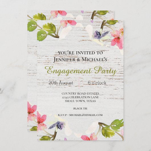 Rustic Pink Florals over de Uitnodiging van Wit Ve (Voorkant / Achterkant)