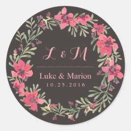 Rustic Pink Flower Wreath Monogram Wedding Sticker