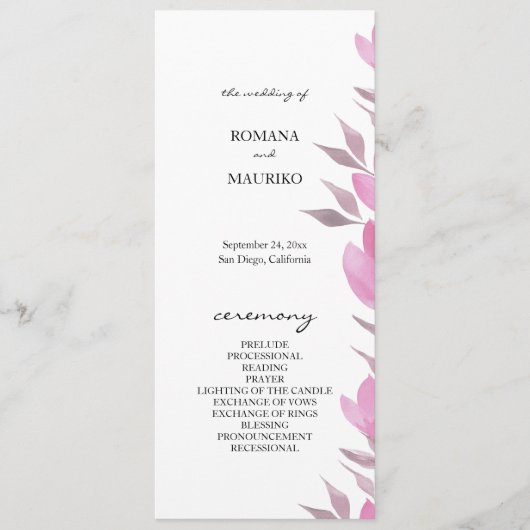 Rustic Pink Flowers Waterverf Handbeschilderd Programmakaart (Voorkant)