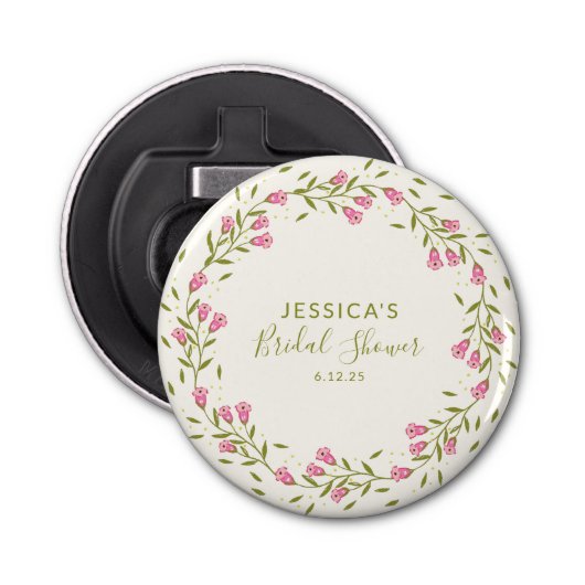 Rustic Pink Garden Flowers Custom Vrijgezellenfees Button Flesopener (Voorkant)