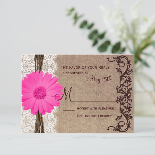 Rustic Pink Gerber Daisy Lace Wedding RSVP-kaarten RSVP Kaartje (Staand voorkant)