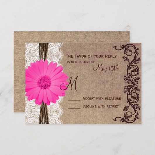 Rustic Pink Gerber Daisy Lace Wedding RSVP-kaarten RSVP Kaartje (Voorkant / Achterkant)