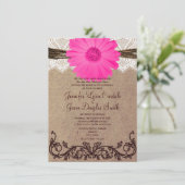 Rustic Pink Gerber Daisy Lace Wedding Uitnodiging (Staand voorkant)