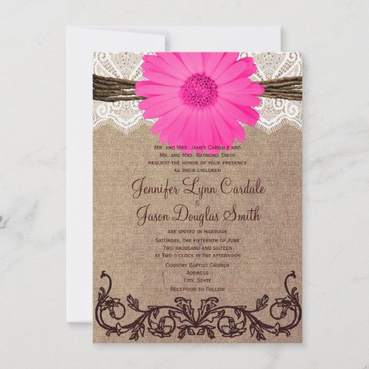 Rustic Pink Gerber Daisy Lace Wedding Uitnodiging (Voorkant)