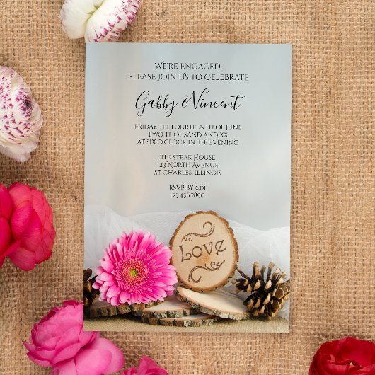 Rustic Pink Gerber Daisy Woodland Engagement Party Kaart