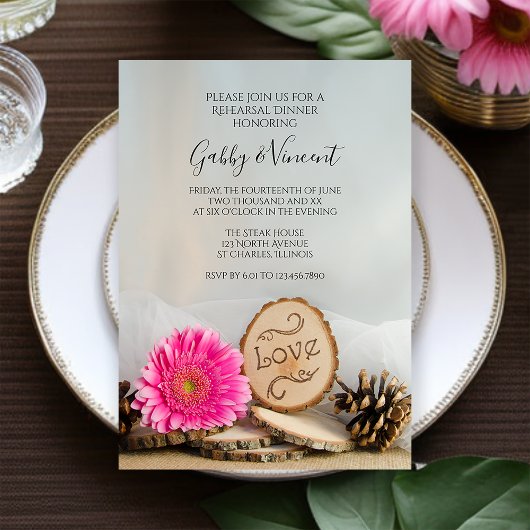Rustic Pink Gerber Daisy Woodland Rehearsal Dinner Kaart