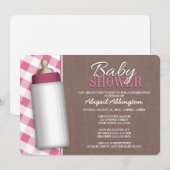 Rustic Pink Gingham Baby Fles Baby shower Invite Kaart (Voorkant / Achterkant)
