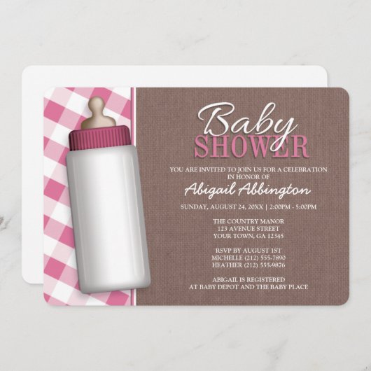 Rustic Pink Gingham Baby Fles Baby shower Invite Kaart (Voorkant / Achterkant)