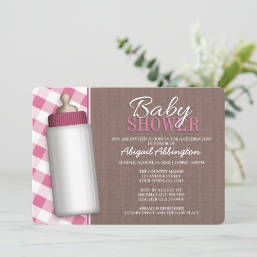 Rustic Pink Gingham Baby Fles Baby shower Invite Kaart (Staand voorkant)