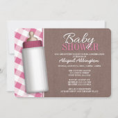 Rustic Pink Gingham Baby Fles Baby shower Invite Kaart (Voorkant)
