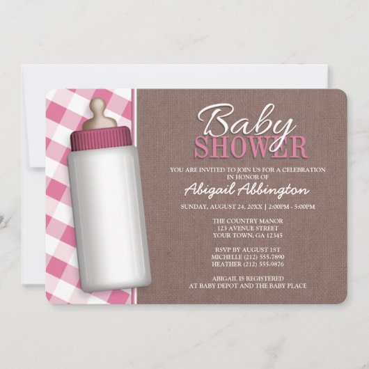 Rustic Pink Gingham Baby Fles Baby shower Invite Kaart (Voorkant)