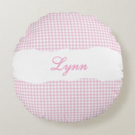 Rustic Pink Gingham Personalized Name Rond Kussen