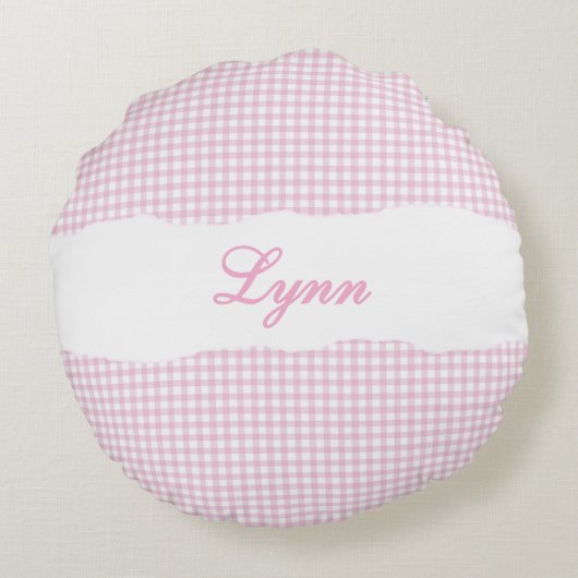 Rustic Pink Gingham Personalized Name Rond Kussen (Achterkant)