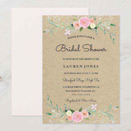 Rustic Pink Glitter Floral Vrijgezellenfeest Kaart (Voorkant / Achterkant)