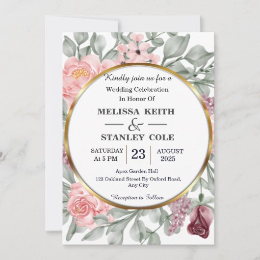 Rustic Pink & Gold Lijst Floral Greenery Wedding Kaart (Voorkant)