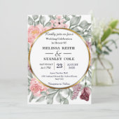 Rustic Pink & Gold Lijst Floral Greenery Wedding Kaart (Staand voorkant)