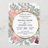 Rustic Pink & Gold Lijst Floral Greenery Wedding Kaart (Voorkant / Achterkant)