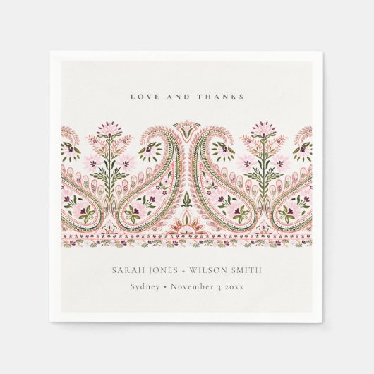 Rustic Pink Green Floral Paisley Motif Wedding Servet (Voorkant)