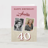 Rustic Pink Happy 40th Birthday 2 Foto's Kaart (Voorkant)