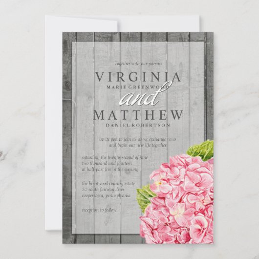 RUSTIC PINK HYDRANGEAS WEDDING INVITATION KAART (Voorkant)