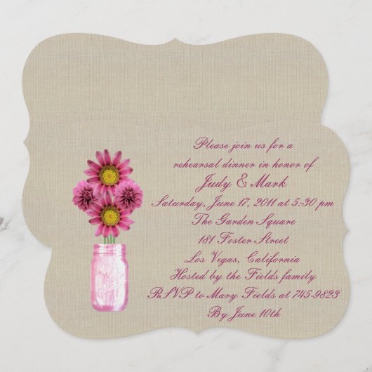 Rustic Pink Mason Jar Rehearsal Dinner Invitation Kaart (Voorkant / Achterkant)