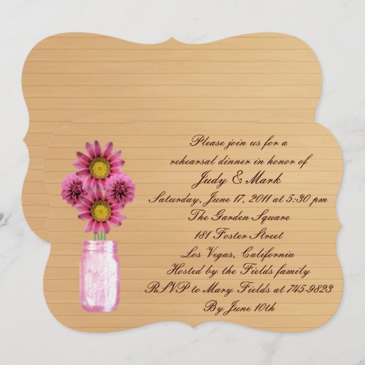 Rustic Pink Mason Jar Rehearsal Dinner Invite Kaart (Voorkant / Achterkant)