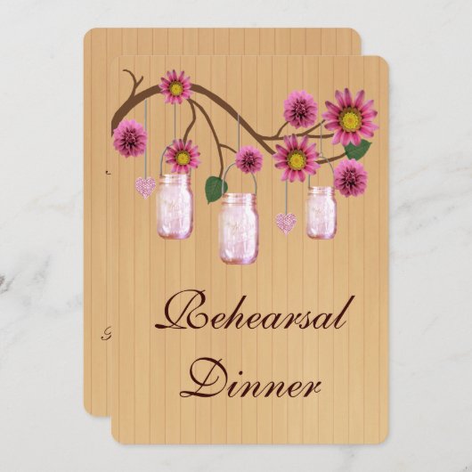 Rustic Pink Mason Jars Rehearsal Dinner Invite Kaart (Voorkant / Achterkant)